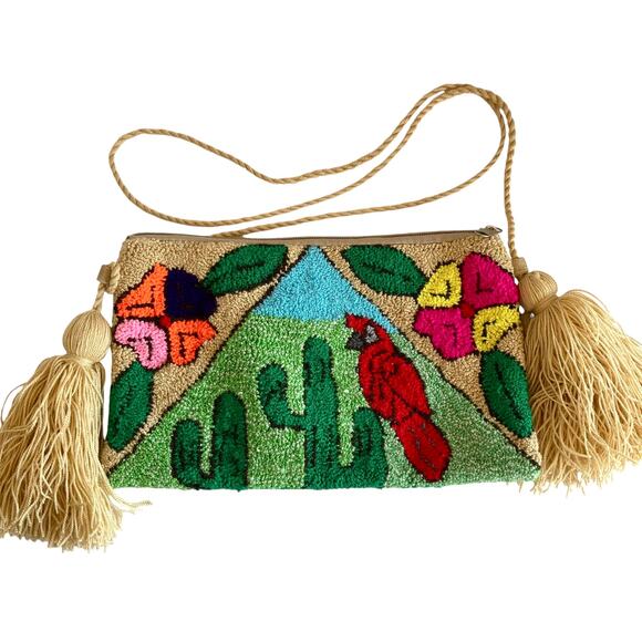 Wapa Handmade Looped Yarn Tapestry Bag Bright Floral Cacutus Bird Motif Tassels - Picture 2 of 8